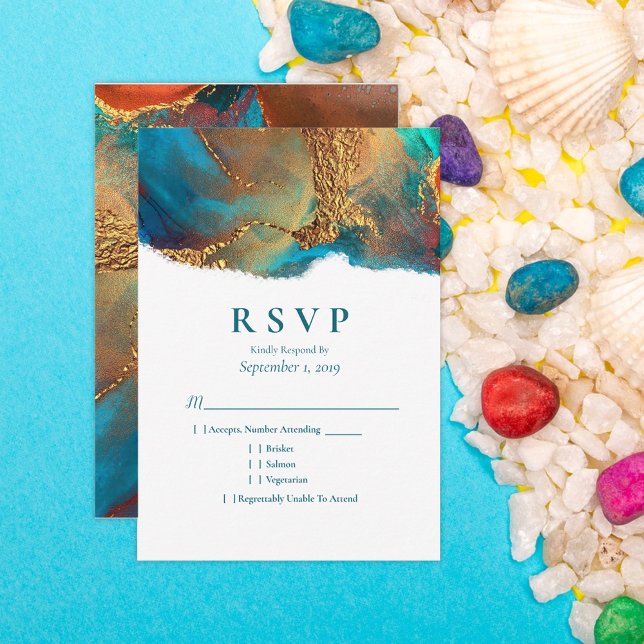 Mystical Abstract Teal Coral Gold Wedding RSVP Card (Creator Uploaded)