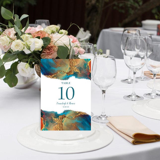 Mystical Abstract Teal Coral Gold Wedding Table Number (Creator Uploaded)