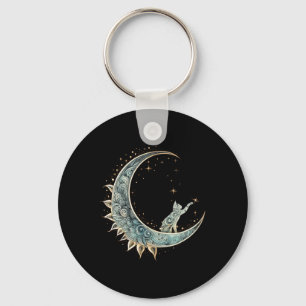 Mystical Aesthetic Cat Sitting On Crescent Moon Lu Keychain