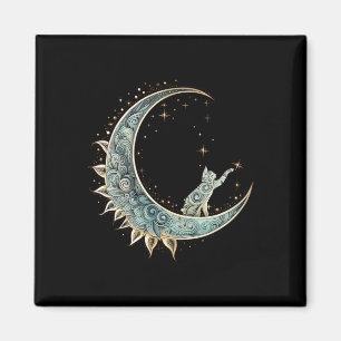 Mystical Aesthetic Cat Sitting On Crescent Moon Lu Magnet