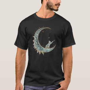 Mystical Aesthetic Cat Sitting on Crescent Moon Lu T-Shirt