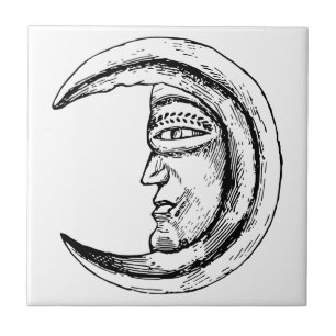 Mystical Antique Vintage Black White Moon Face Tile