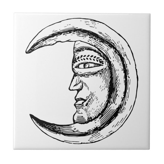 Mystical Antique Vintage Black White Moon Face Tile (Front)