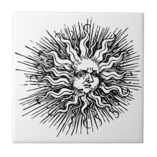 Mystical Antique Vintage Black White Sun Face Tile