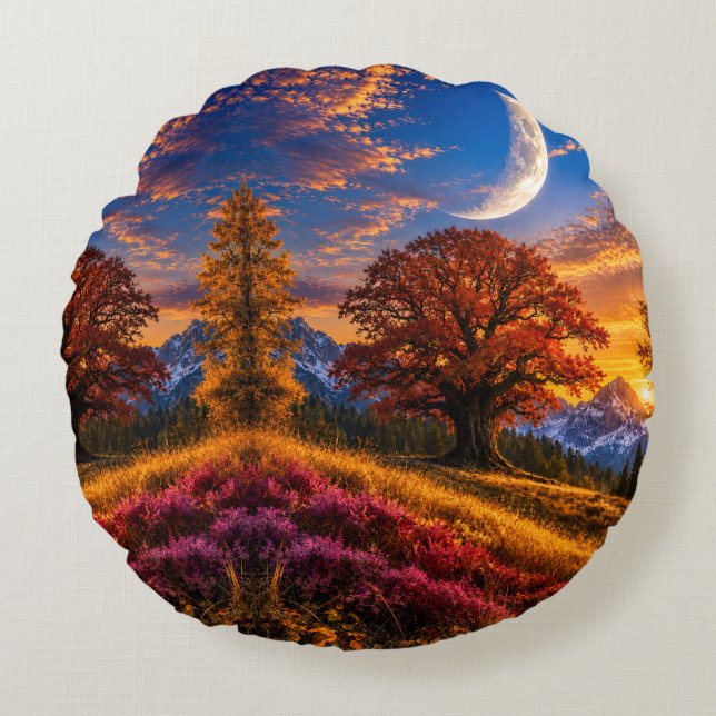 Mystical Autumn Oak Tree Crescent Moon  Round Pillow (Front)