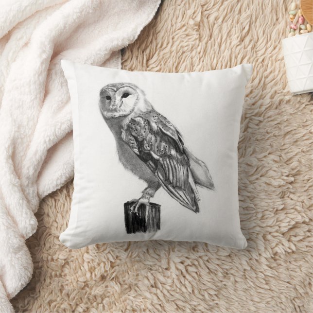 Mystical barn owl pencil drawing" throw pillow (Blanket)