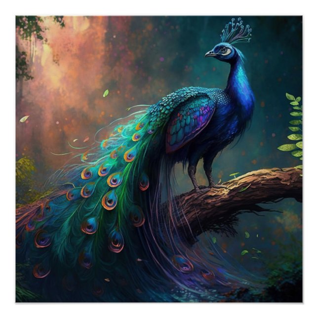 Mystical Beautiful Blue Colourful Peacock in Fores Poster (Front)