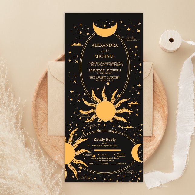  Mystical Black and Gold Sun Moon Wedding All In One Invitation (Creator Uploaded)