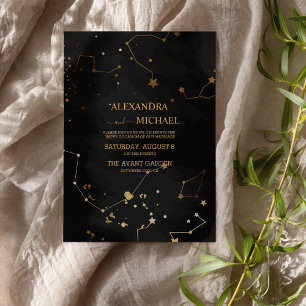 Mystical Black and Gold Sun Moon Wedding Invitation