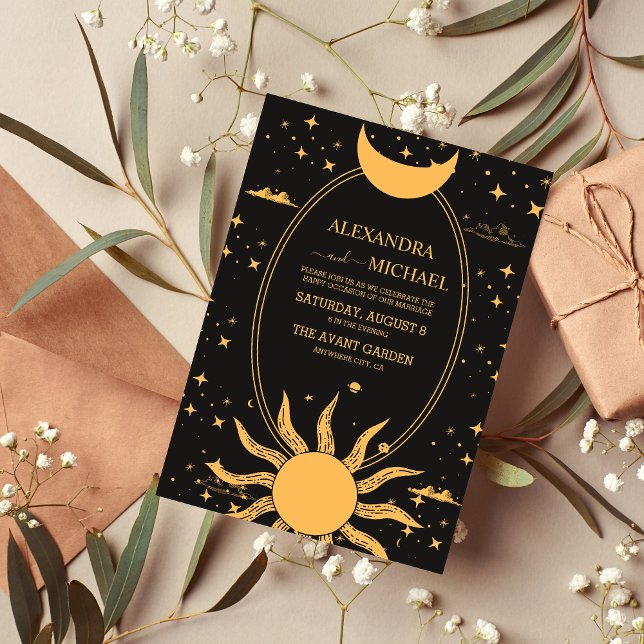  Mystical Black and Gold Sun Moon Wedding Invitation (Creator Uploaded)