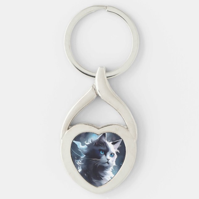 Mystical Black and White Kitten | Watercolor Cat Keychain (Front)