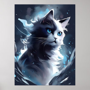 Mystical Black and White Kitten   Watercolor Cat Poster