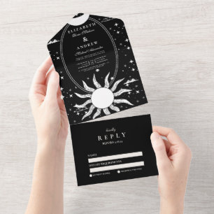 Mystical Black and White Sun Moon Wedding All In One Invitation