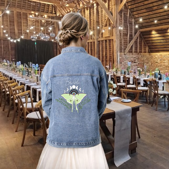 Mystical Black Boho Luna Moth Moon Phases Wedding Denim Jacket (Creator Uploaded)