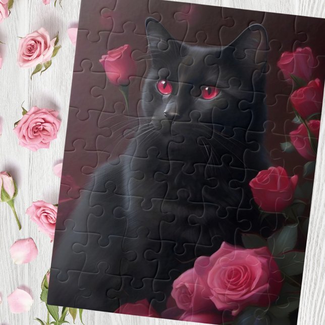 Mystical black cat and blossoming roses jigsaw puzzle (Creator Uploaded)