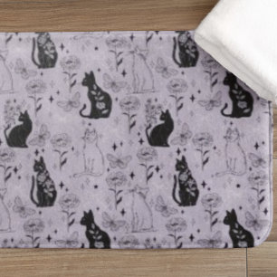 Mystical Black Cat and Butterfly Pattern Witchy Bath Mat