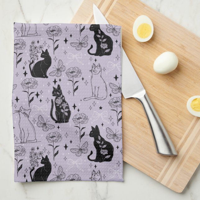 Mystical Black Cat and Butterfly Pattern | Witchy Kitchen Towel (Quarter Fold)