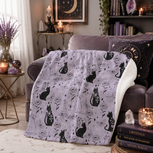 Mystical Black Cat and Butterfly Pattern Witchy Sherpa Blanket