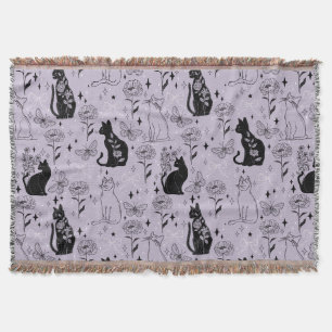 Mystical Black Cat and Butterfly Pattern Witchy Throw Blanket