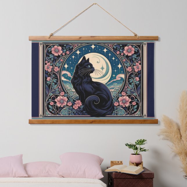 Mystical Black Cat Art Nouveau Hanging Tapestry (Bedroom)