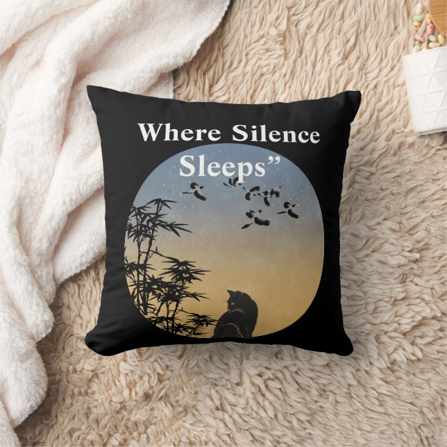 Mystical Black Cat & Bamboo Twilight-Japanese art Throw Pillow (Blanket)