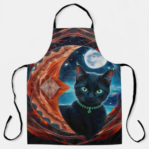 Mystical Black Cat Celestial Mandala Apron