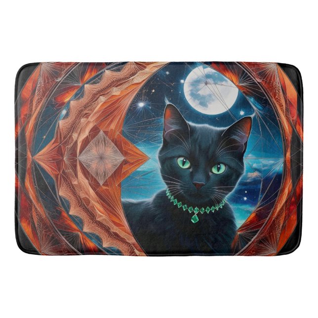 Mystical Black Cat  Celestial Mandala Bath Mat (Front)