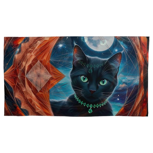 Mystical Black Cat  Celestial Mandala  Pillowcase (Front-Left)