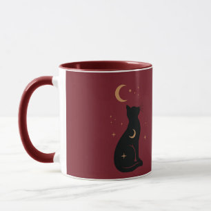 Mystical Black Cat & Celestial Moon Burgundy Mug