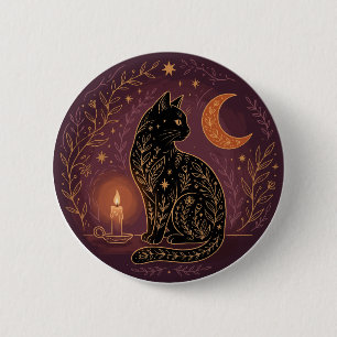 Mystical Black Cat Celestial Witchy Halloween 2 Inch Round Button