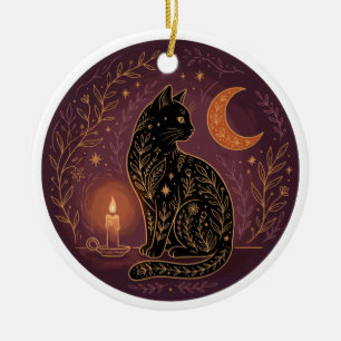 Mystical Black Cat Celestial Witchy Halloween Goth Ceramic Ornament
