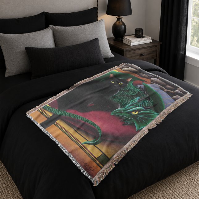 Mystical Black Cat Emerald Green Dragon Fantasy Throw Blanket (Creator Uploaded)