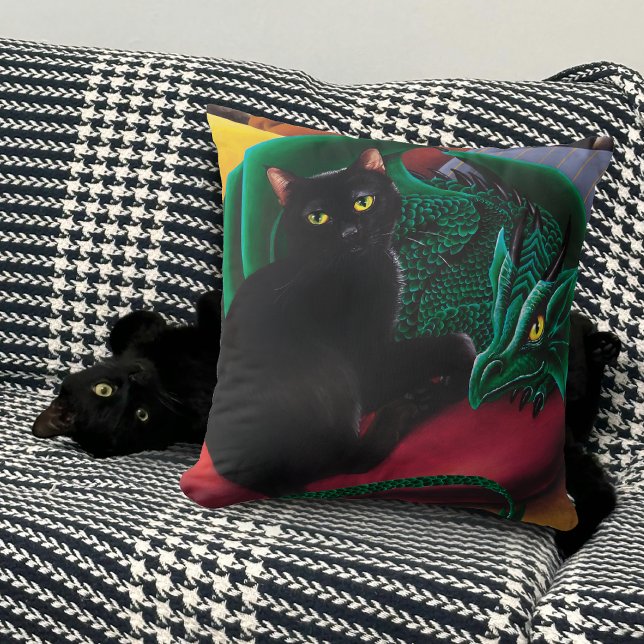 Mystical Black Cat Emerald Green Dragon Fantasy Throw Pillow (Creator Uploaded)