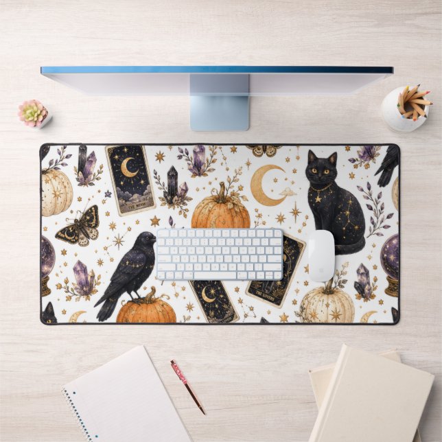 Mystical Black Cat Halloween Celestial Tarot  Desk Mat (Office 1)