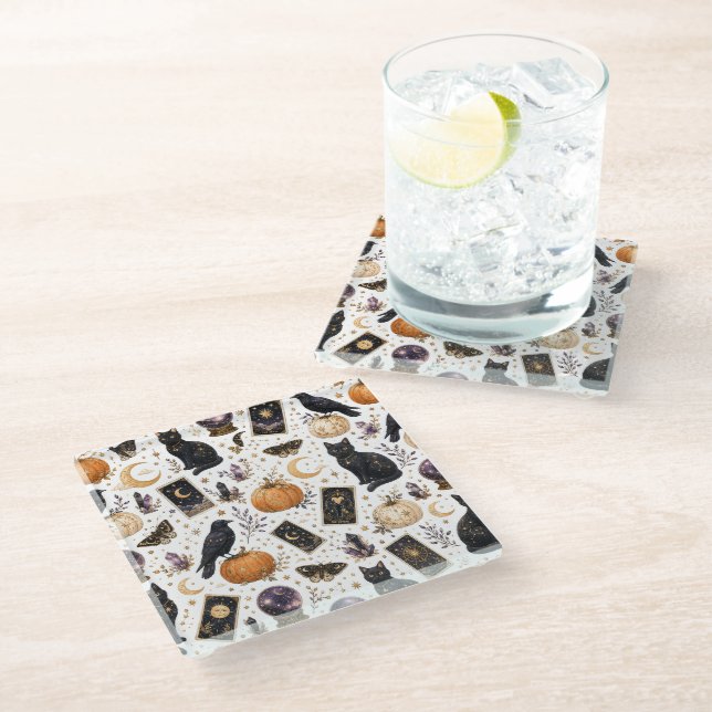 Mystical Black Cat Halloween Celestial Tarot  Glass Coaster (Angled)