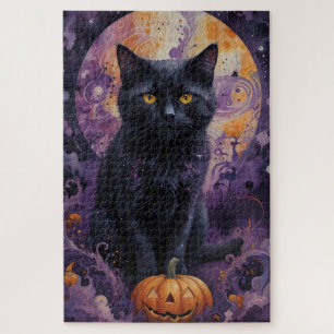 Mystical Black Cat Halloween Pumpkins Moonlight  Jigsaw Puzzle