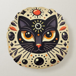 Mystical Black Cat With Cosmic Geometry Round Pillow