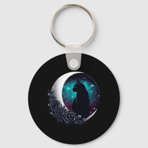 Mystical Black Cat With Moon And Roses Celestial Keychain