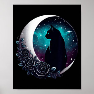 Mystical Black Cat With Moon And Roses Celestial Poster