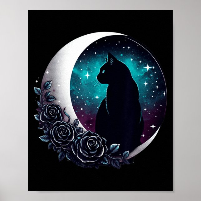 Mystical Black Cat With Moon And Roses Celestial Poster (Front)