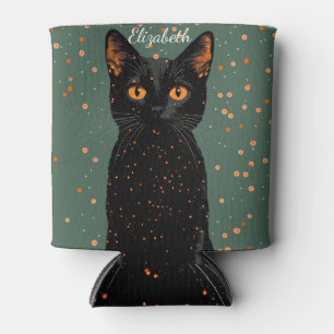 Mystical Black Cat with Orange Eyes and Glitter Can Cooler