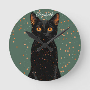 Mystical Black Cat with Orange Eyes and Glitter Round Clock