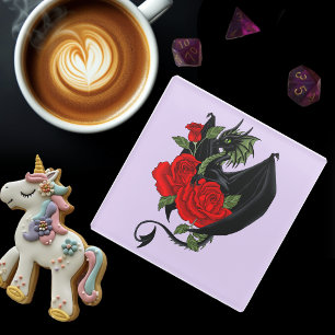 Mystical Black Dragon Red Roses Lavender Gothic Glass Coaster