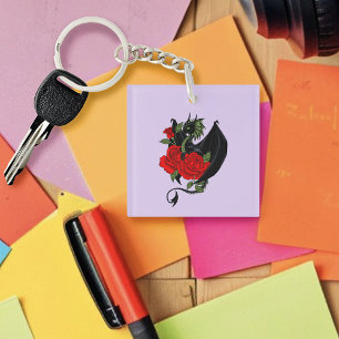 Mystical Black Dragon Red Roses Lavender Gothic Keychain