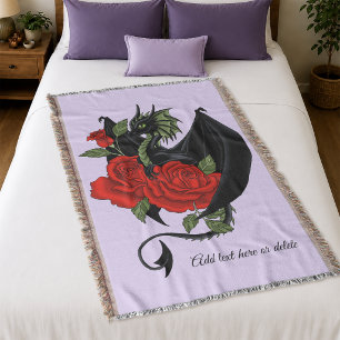 Mystical Black Dragon Red Roses Lavender Gothic Throw Blanket