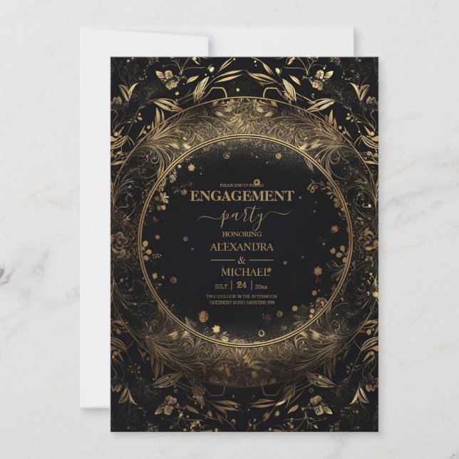 Mystical Black Gold Celestial Engagement Invitation (Front)