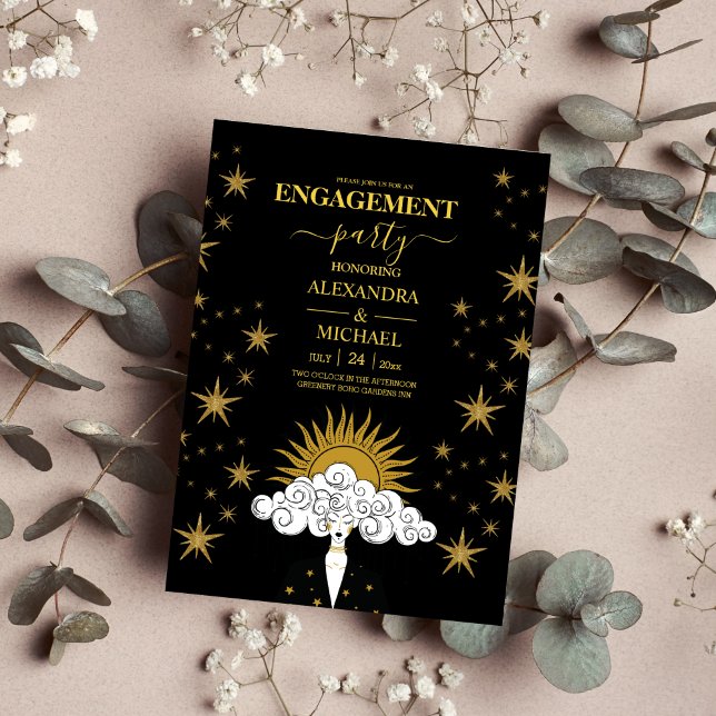Mystical Black Gold Celestial Engagement Party Invitation (Creator Uploaded)