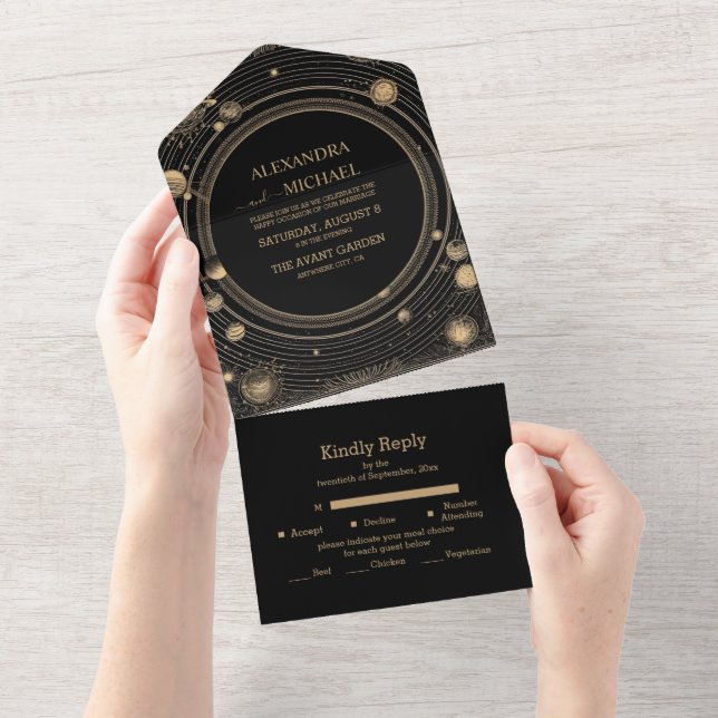 Mystical Black Gold Celestial Galaxy Wedding All In One Invitation (Tearaway)