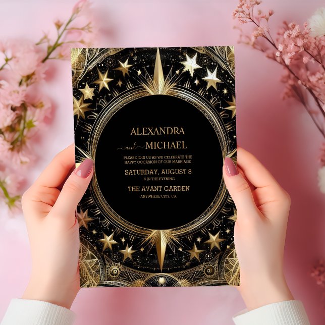 Mystical Black Gold Celestial Galaxy Wedding Invitation (Creator Uploaded)