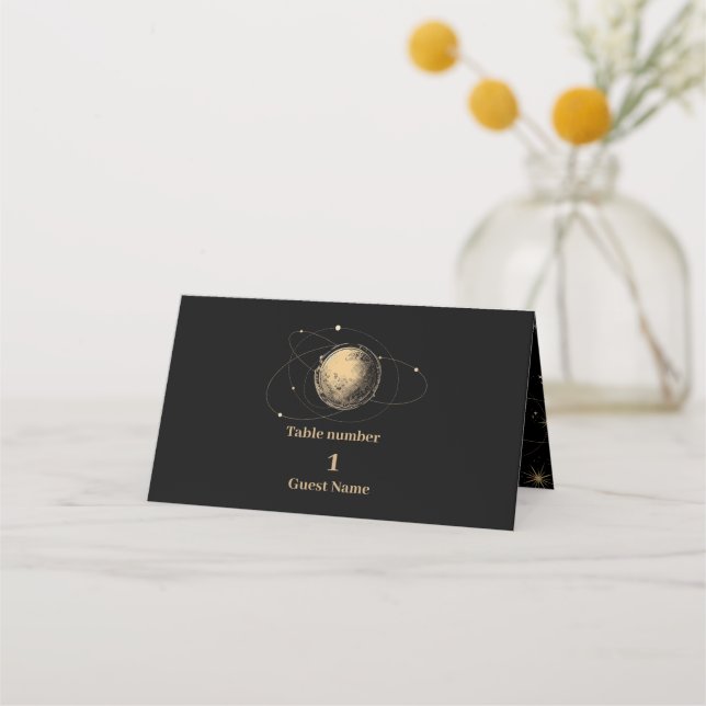 Mystical Black Gold Celestial Galaxy Wedding Place Card (Front)